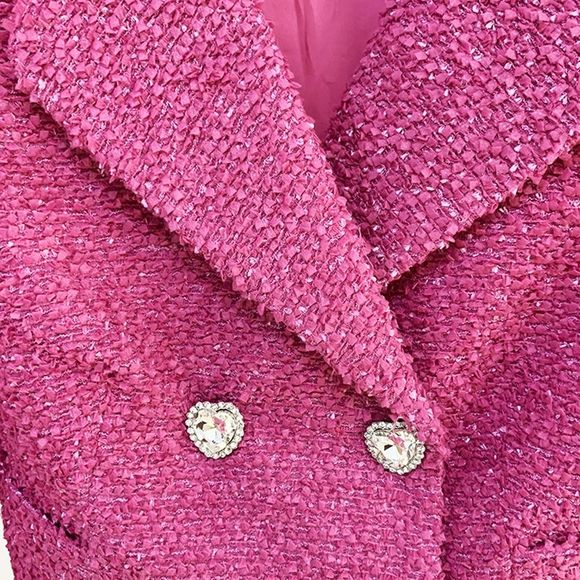 SOLD OUT TEXTURED PINK SET BLAZER AND SKIRT BARBIE CORE TREND JEWELED BUTTONS - Picture 6 of 9